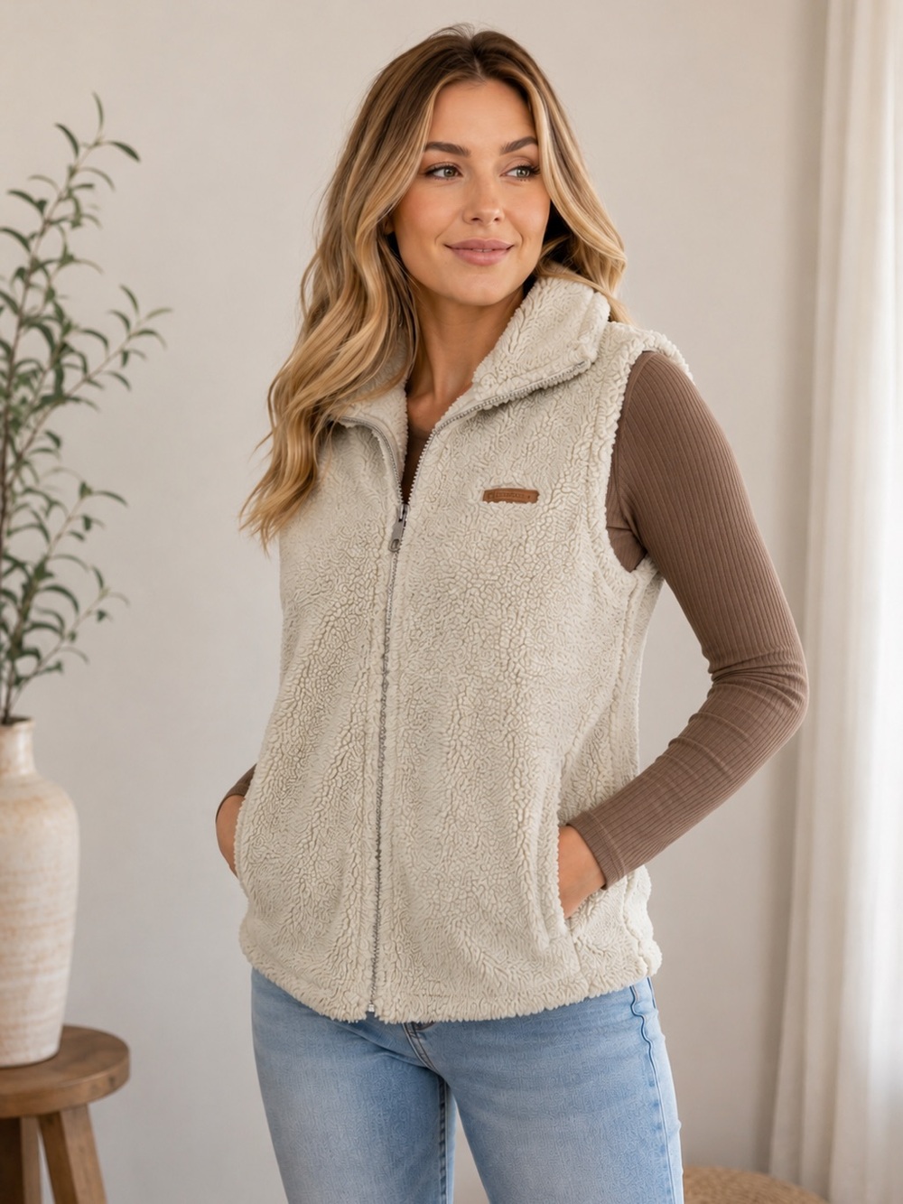 Sage Sherpa Fleece Vest Cream Plaid Lined Cozy Full Zip Pockets Medium